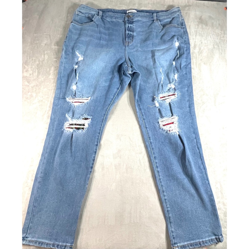 Lane Bryant Boyfriend Jeans Womens 24 Blue Distressed Flex Magic Plaid Patch